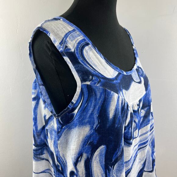 Piazza Del Tempio White Blue Tiered Top Linen Abstract Print Scoop Neck Size XL - Picture 7 of 12